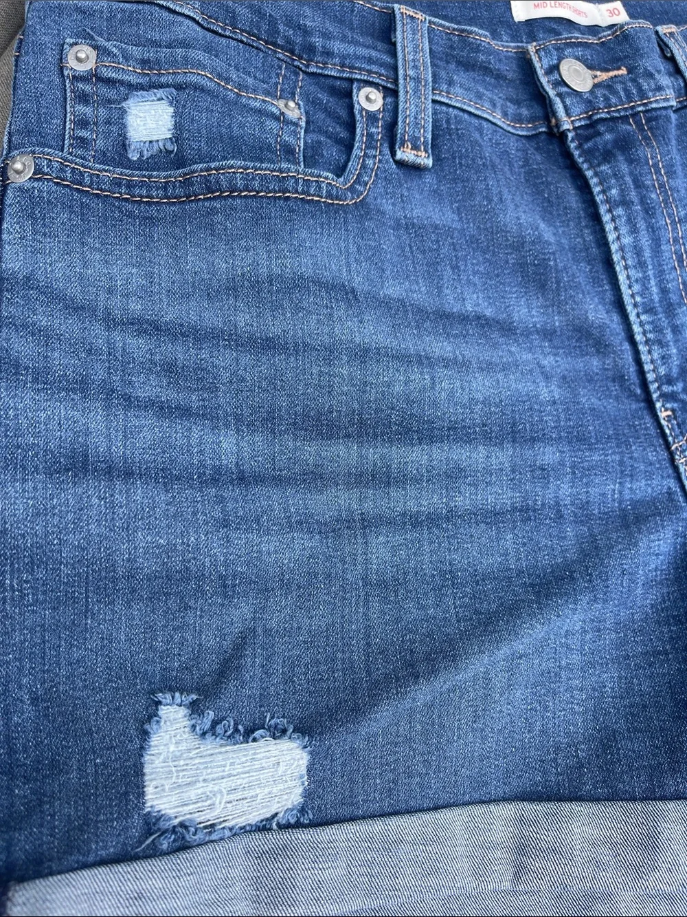 LEVI’S Mid-Length/Mid-Rise Distressed Denim Shorts